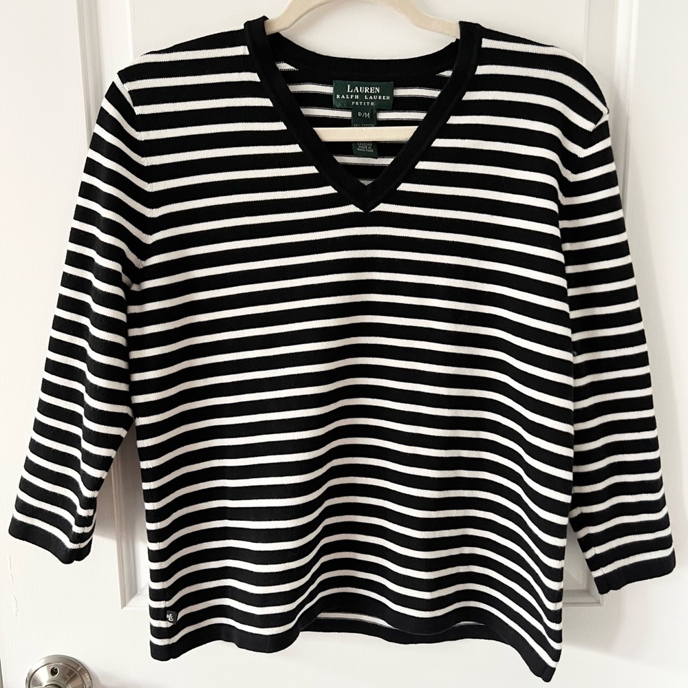 Vintage Lauren Ralph Lauren Black & White Striped Cotton Blend Sweater | Sz PM